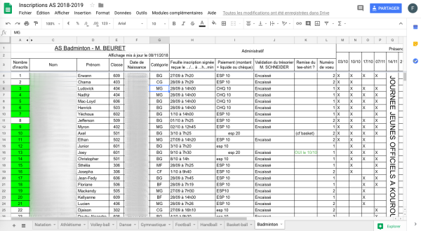 Exemple GoogleSheet Inscriptions AS CLG ASF